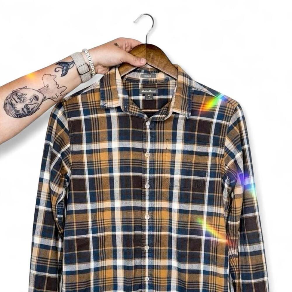 Eddie Bauer Plaid Flannel Shirt Size L Blue Mustard Brown Cotton